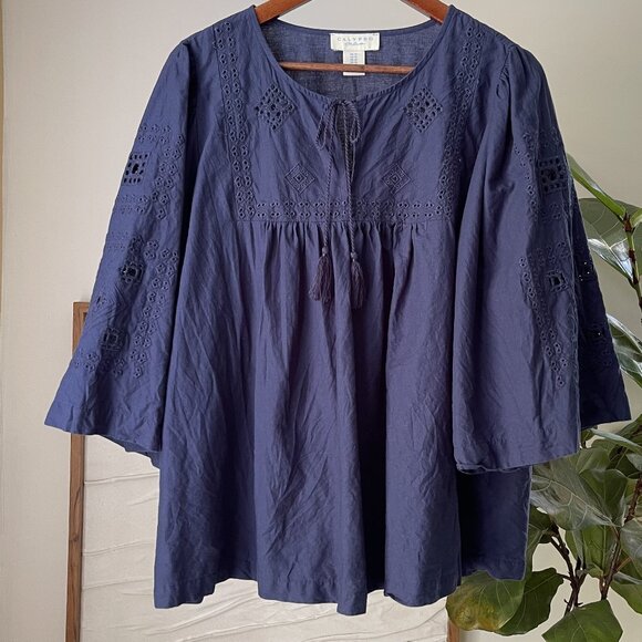 Women's CALYPSO St. Barth Navy Blue Eyelet Peasant Top Shirt Blouse Plus Size 1X - Picture 1 of 3